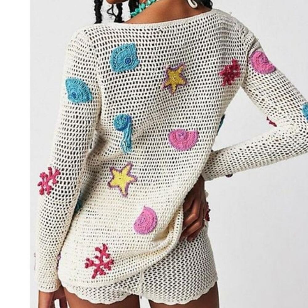 CRO-CHE Under The Sea open knit net crochet cardigan sweater nautical patches M - Picture 4 of 7